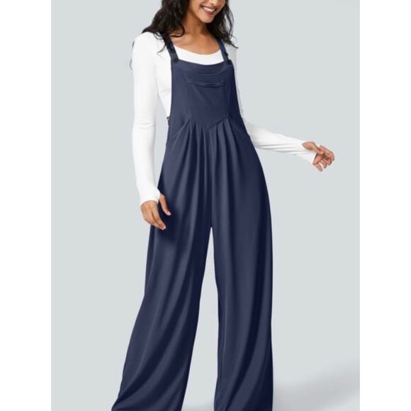NWT Halara Wide Leg Waffle Jumpsuit Overalls Women's XL Navy Blue Loose Comfort - Picture 1 of 8